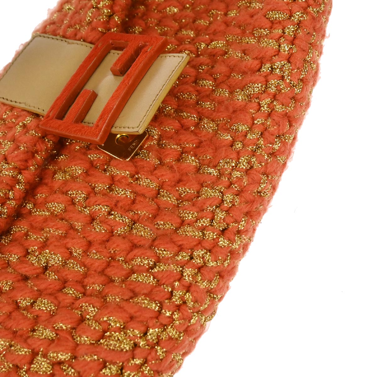 Fendi Orange Gold Wool Baguette Handbag
