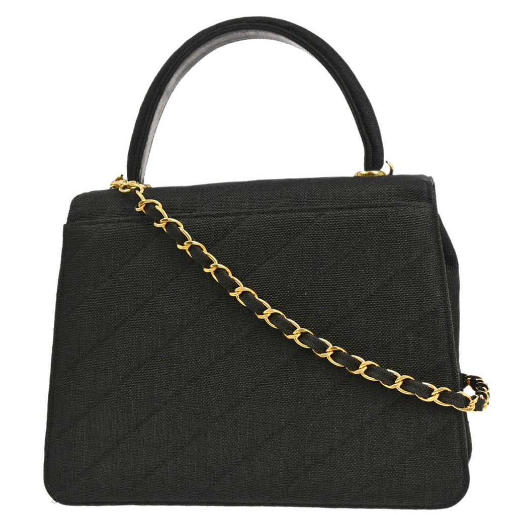 Chanel 1991-1994 Black Linen Top Handle 2way Shoulder Handbag