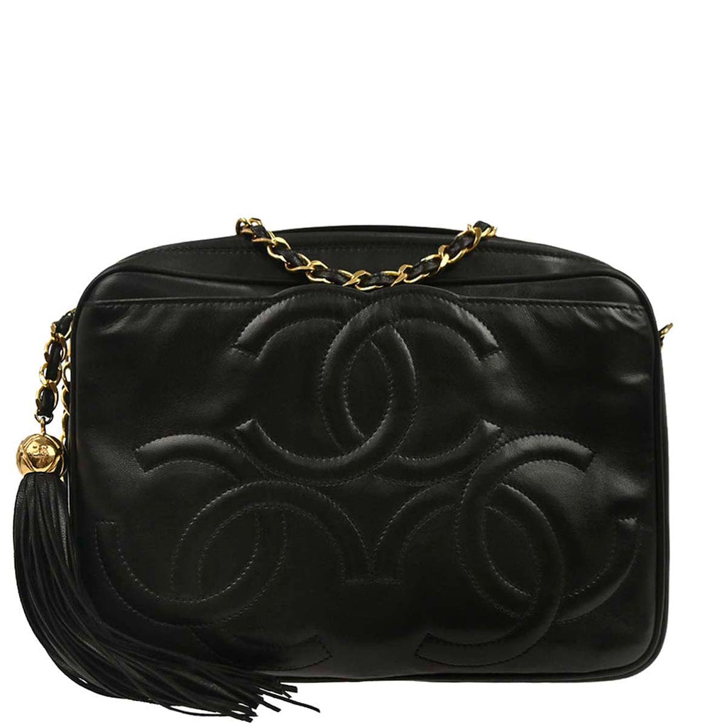 Chanel 1994-1996 Black Lambskin Triple CC Camera Bag Small