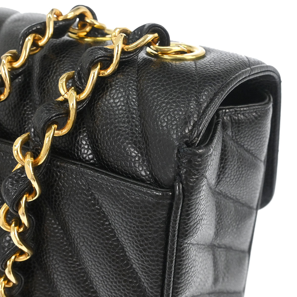 Chanel 1991-1994 Black Caviar Skin Chevron Maxi Classic Flap Shoulder Bag