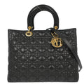 Christian Dior Black Lambskin Large Lady Dior Cannage 2way Shoulder Handbag