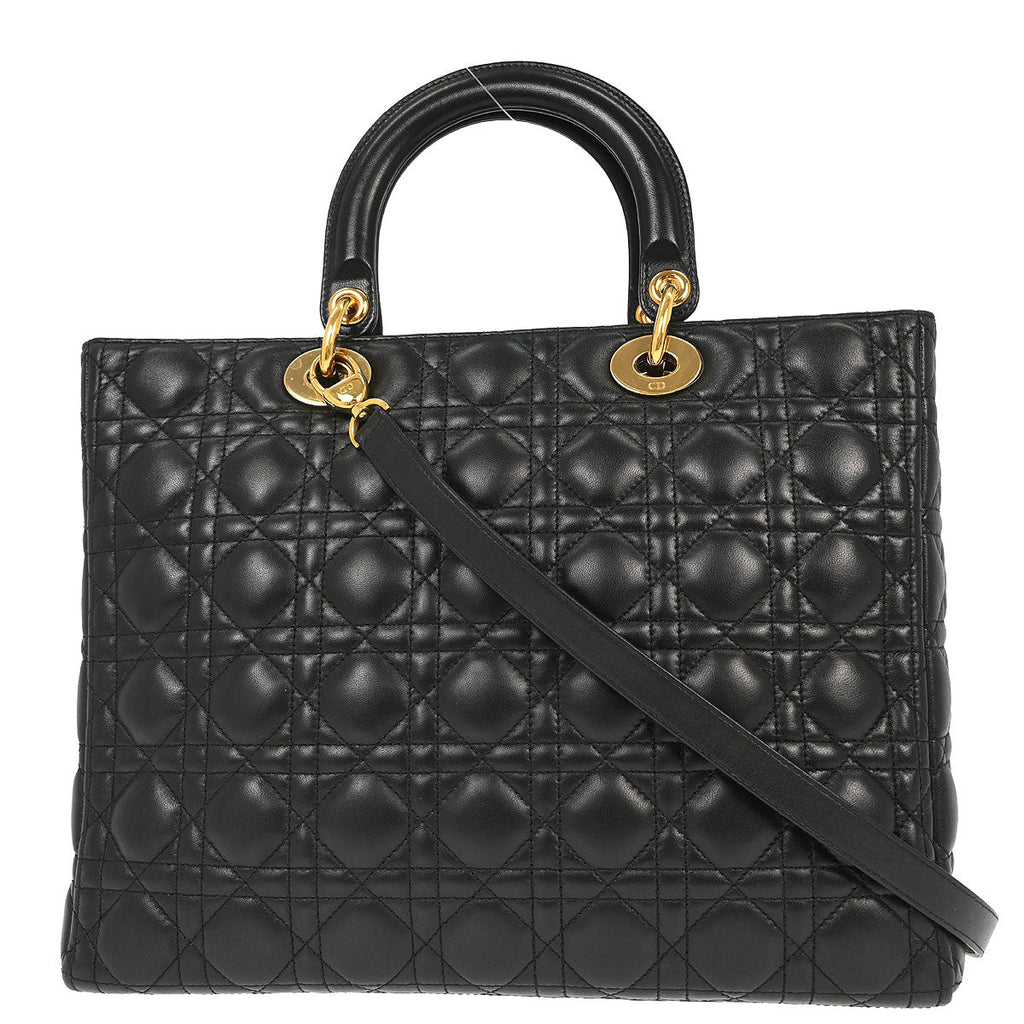 Christian Dior Black Lambskin Large Lady Dior Cannage 2way Shoulder Handbag