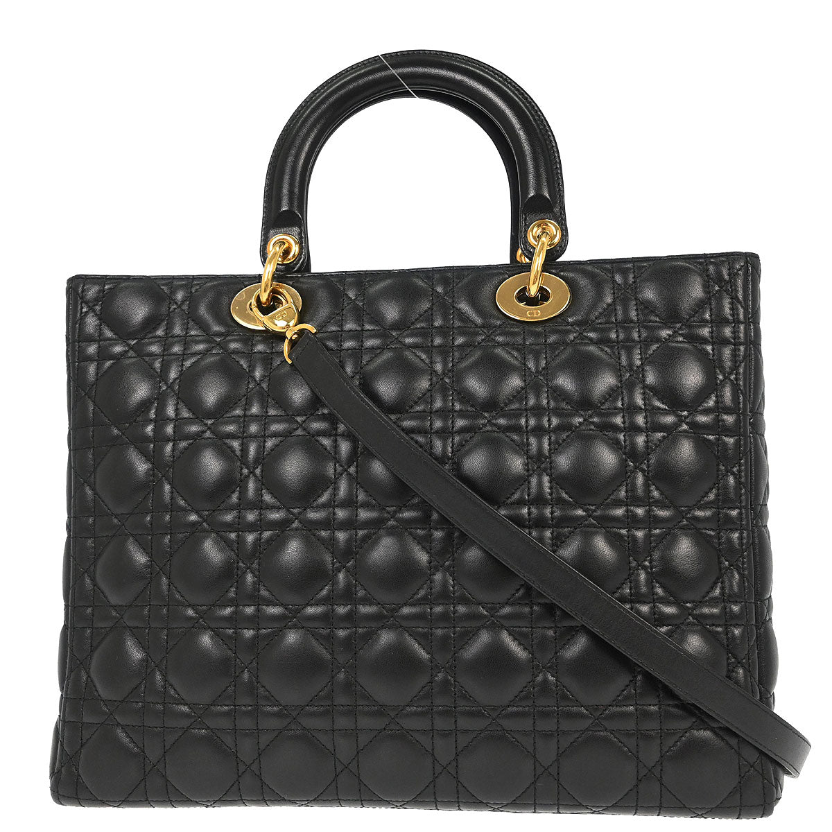 Christian Dior Black Lambskin Large Lady Dior Cannage 2way Shoulder Handbag