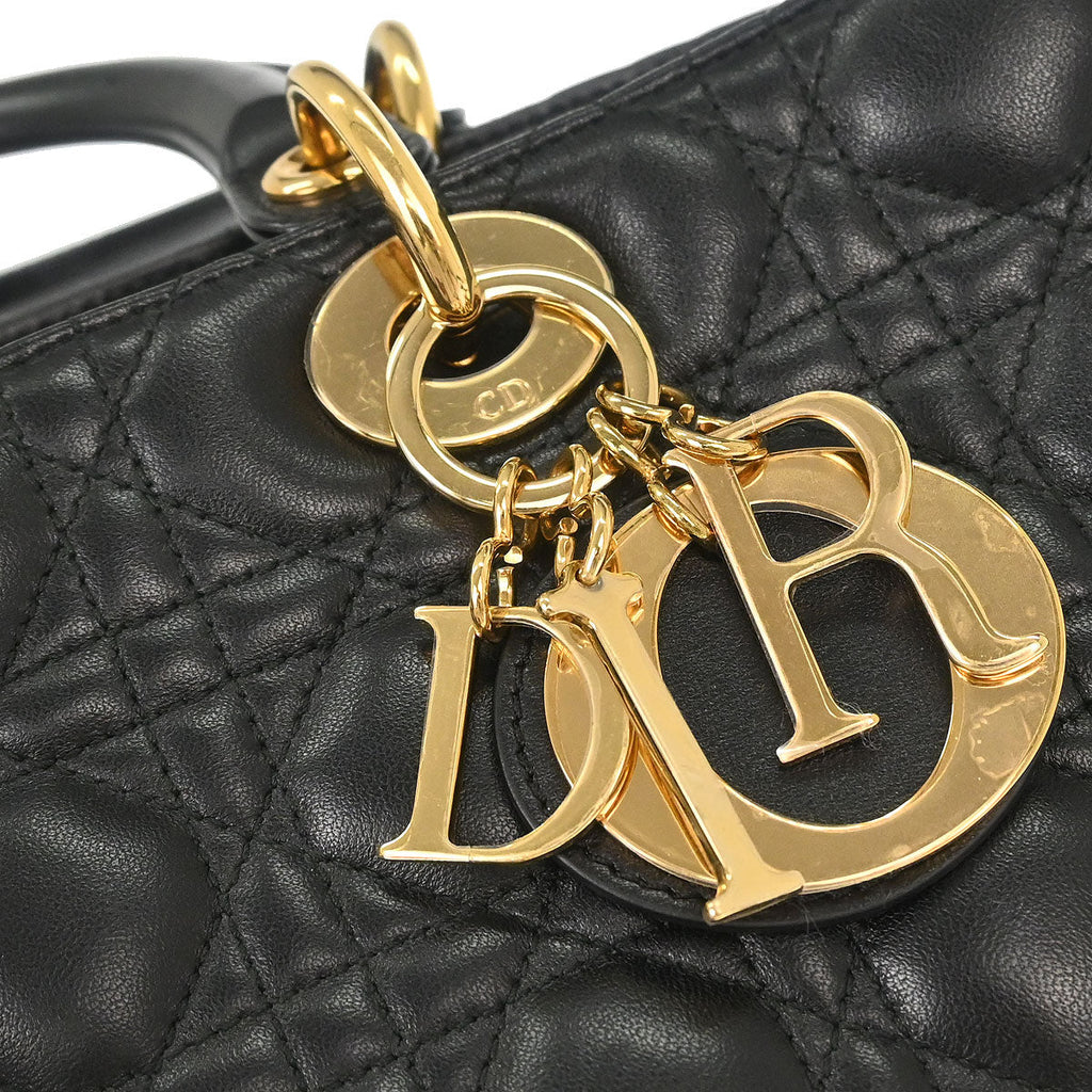 Christian Dior Black Lambskin Large Lady Dior Cannage 2way Shoulder Handbag