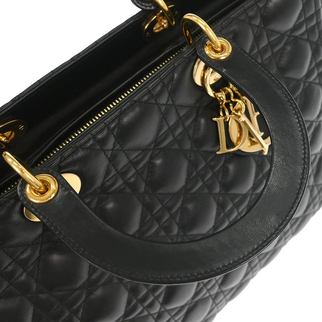 Christian Dior Black Lambskin Large Lady Dior Cannage 2way Shoulder Handbag