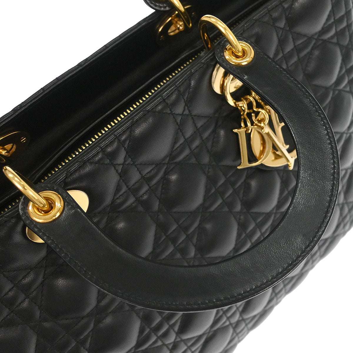 Christian Dior Black Lambskin Large Lady Dior Cannage 2way Shoulder Handbag