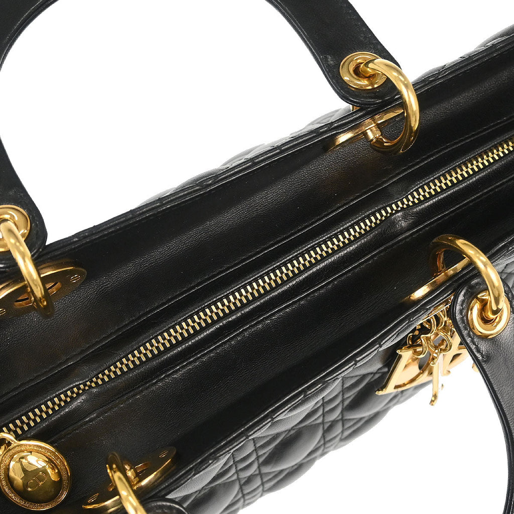Christian Dior Black Lambskin Large Lady Dior Cannage 2way Shoulder Handbag