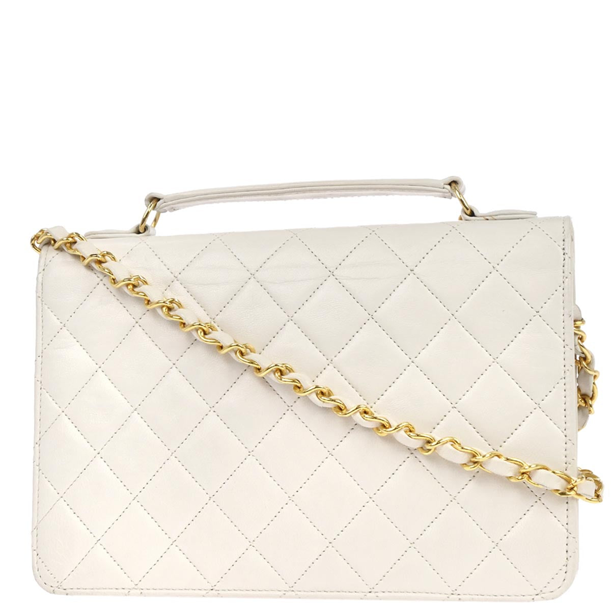Chanel 1989-1991 White Lambskin Double Turnlock 2way Shoulder Handbag