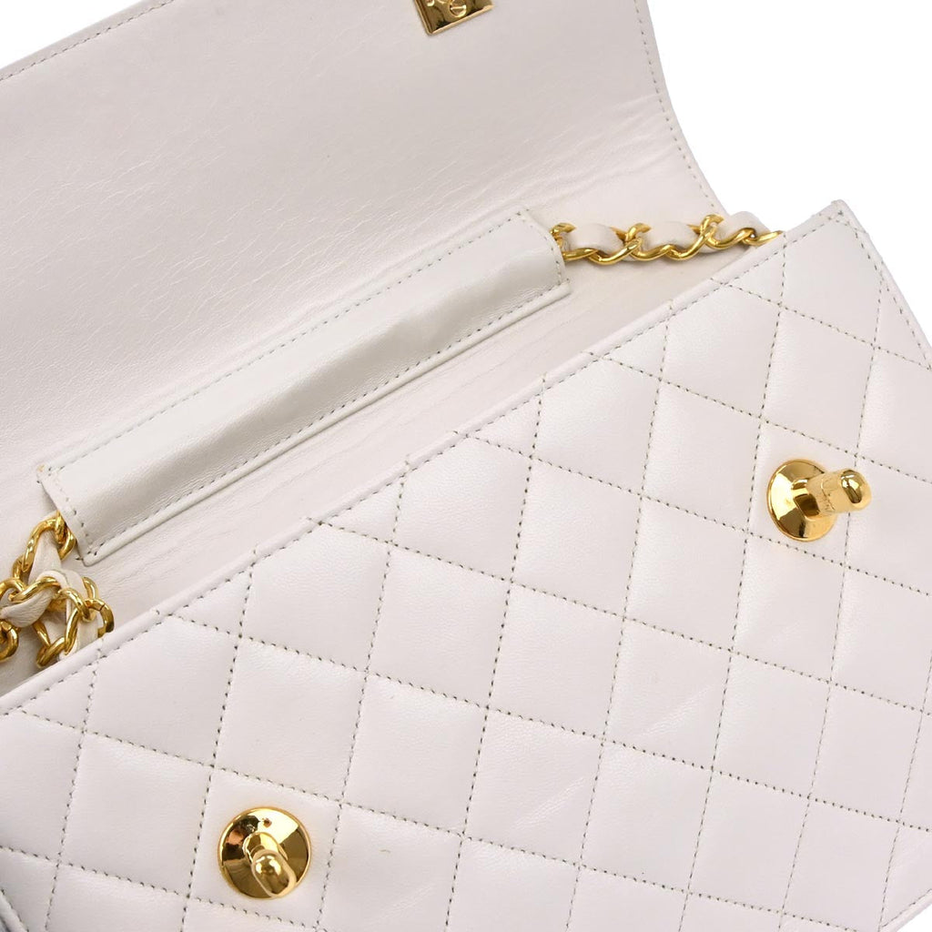 Chanel 1989-1991 White Lambskin Double Turnlock 2way Shoulder Handbag