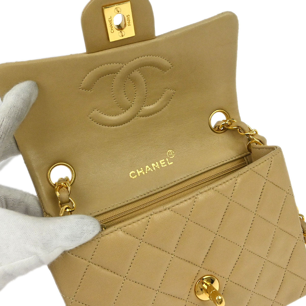 Chanel 1991-1994 Beige Lambskin Mini Classic Square Flap Shoulder Bag 17