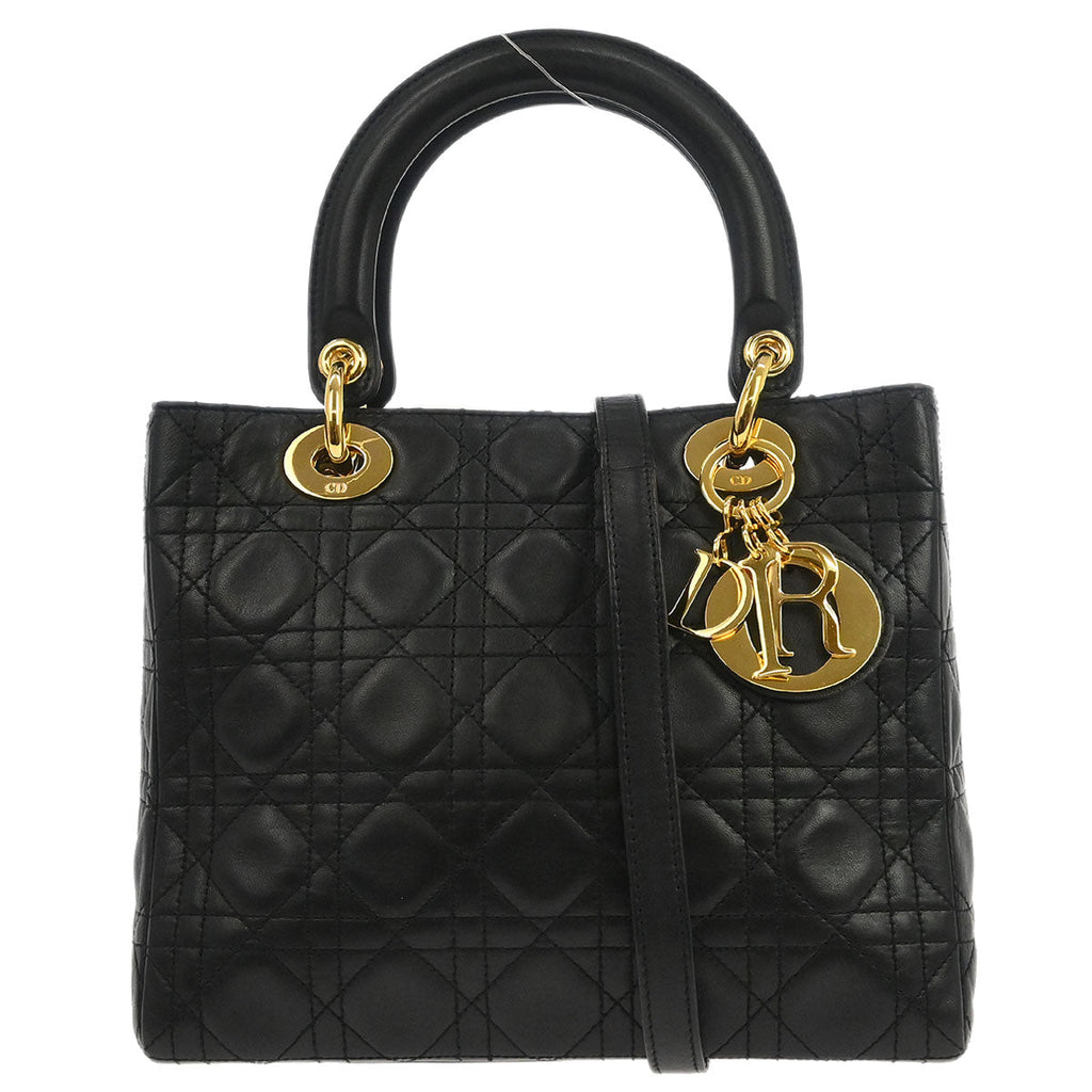 Christian Dior Black Lambskin Medium Lady Dior Cannage 2way Shoulder Handbag