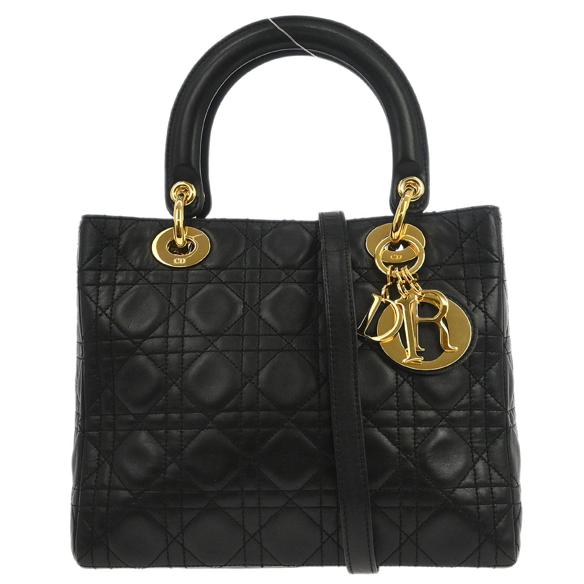 Christian Dior Black Lambskin Medium Lady Dior Cannage 2way Shoulder Handbag