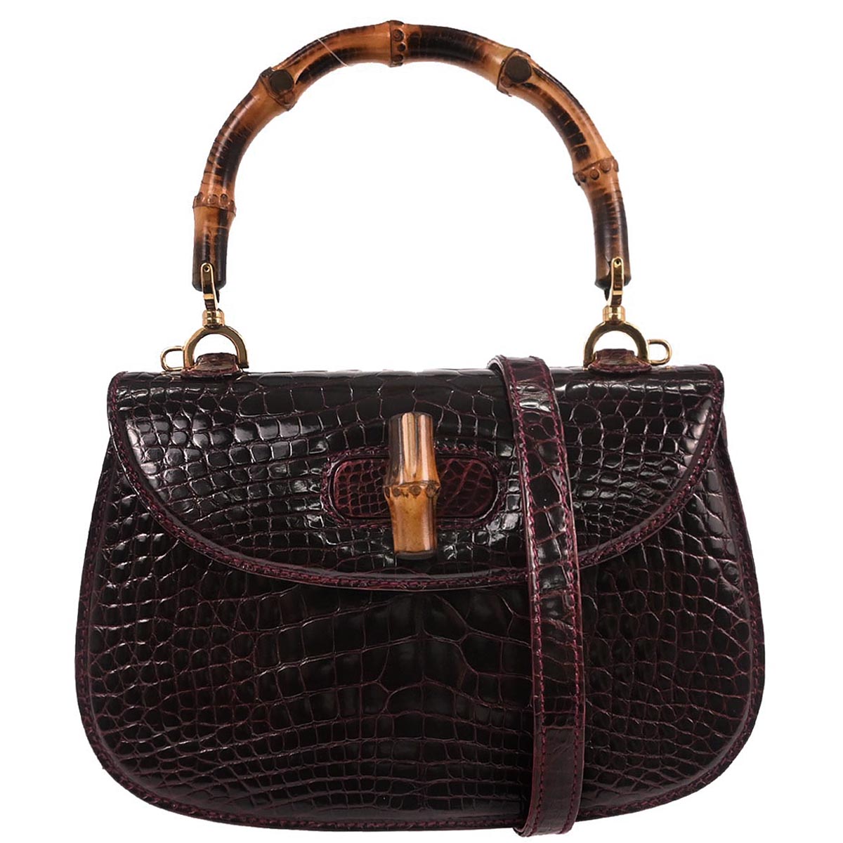 Gucci * Purple Crocodile Bamboo 2way Shoulder Handbag