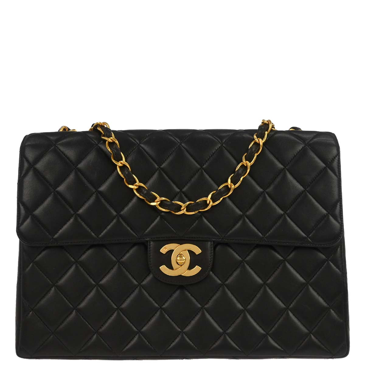 Chanel 1996-1997 Black Lambskin Jumbo Classic Flap Shoulder Bag