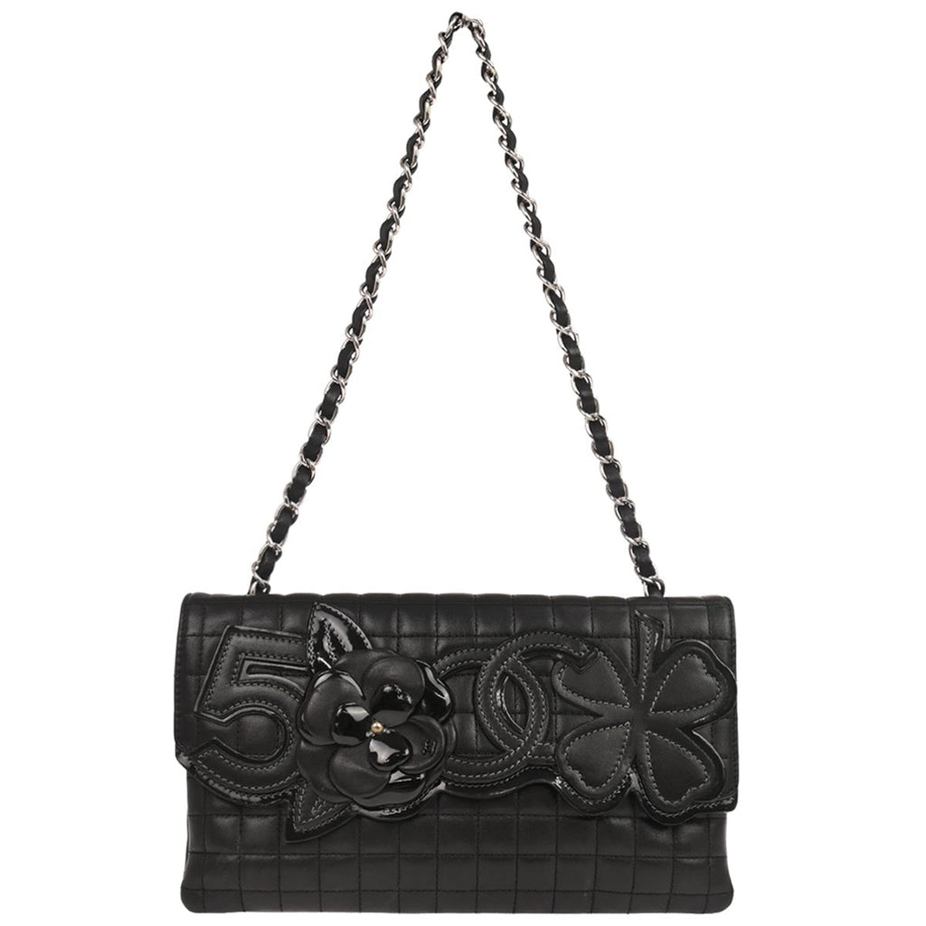 Chanel 2005-2006 Black Lambskin Choco Bar Camellia No.5 CC Clover Handbag