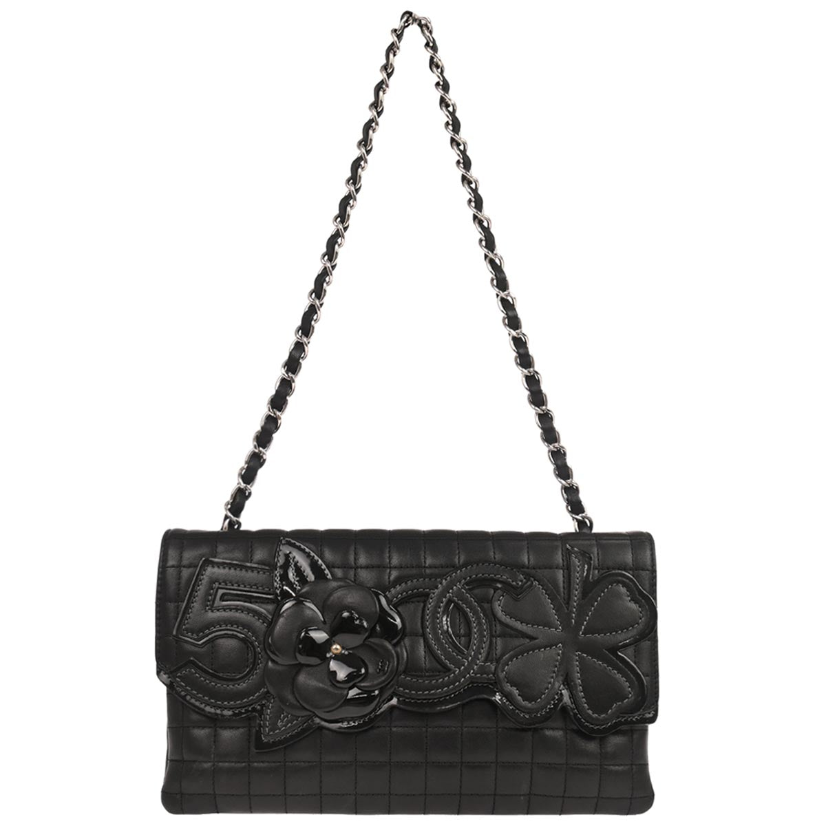Chanel 2005-2006 Black Lambskin Choco Bar Camellia No.5 CC Clover Handbag