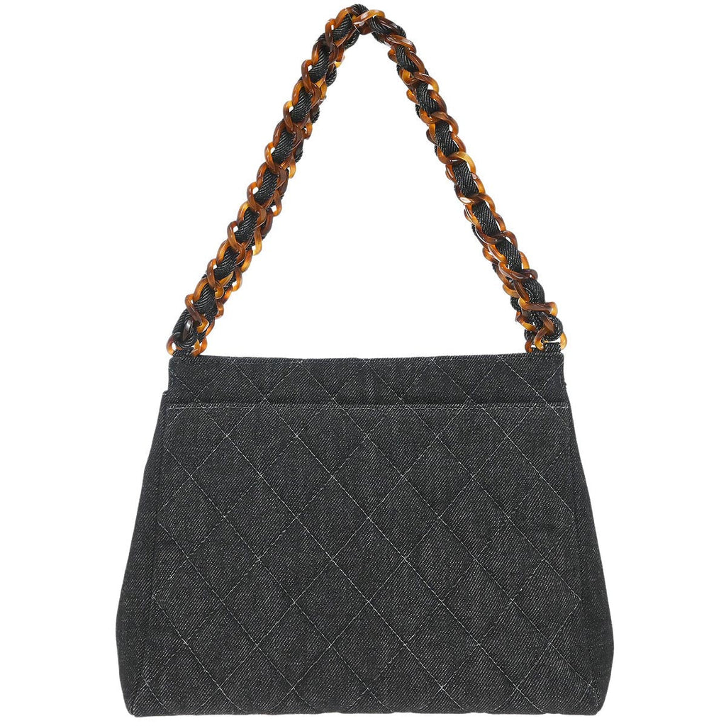 Chanel 1997-1999 Black Denim Chain Tote Handbag