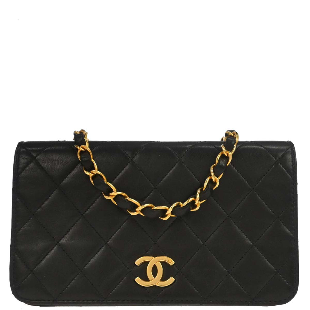 Chanel 1997-1999 Black Lambskin Pushlock Mini Full Flap Shoulder Bag