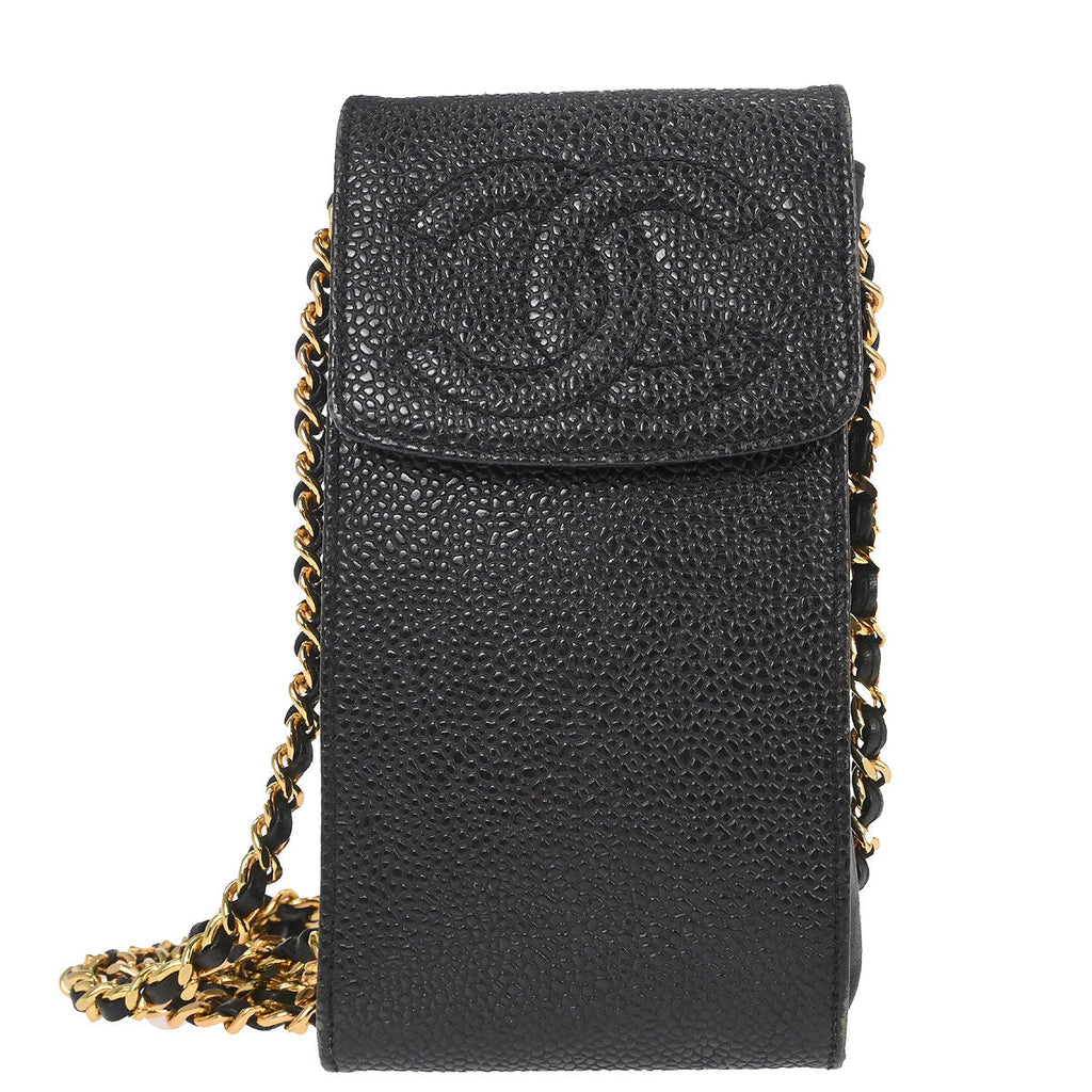 Chanel 1996-1997 Black Caviar Skin Chain Shoulder Bag Pochette Phone Case