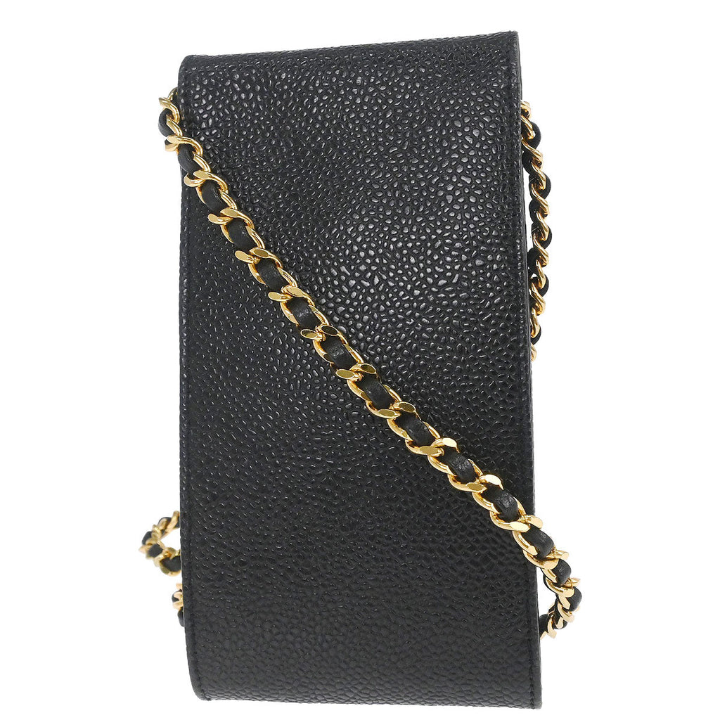 Chanel 1996-1997 Black Caviar Skin Chain Shoulder Bag Pochette Phone Case