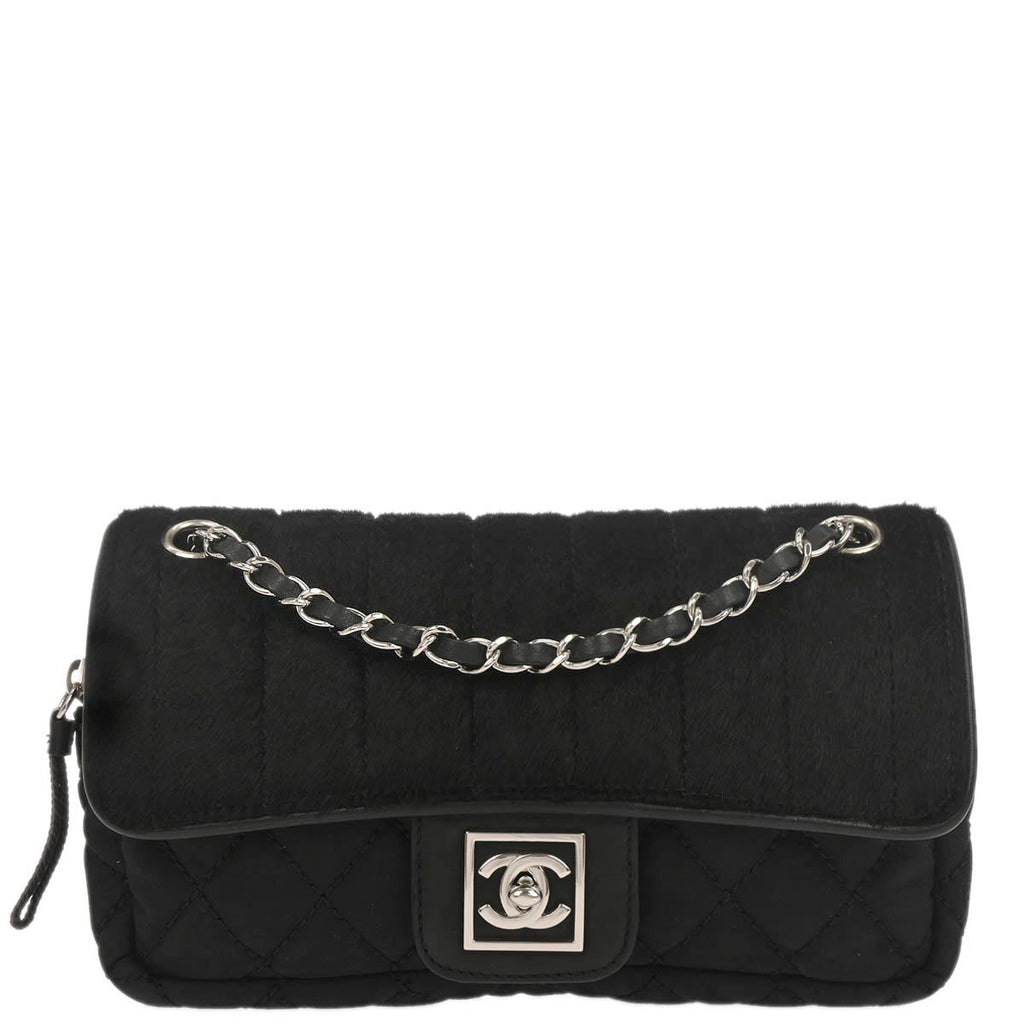Chanel 2005-2006 Black Pony Hair Canvas Sport Line Flap Chain Shoulder Bag