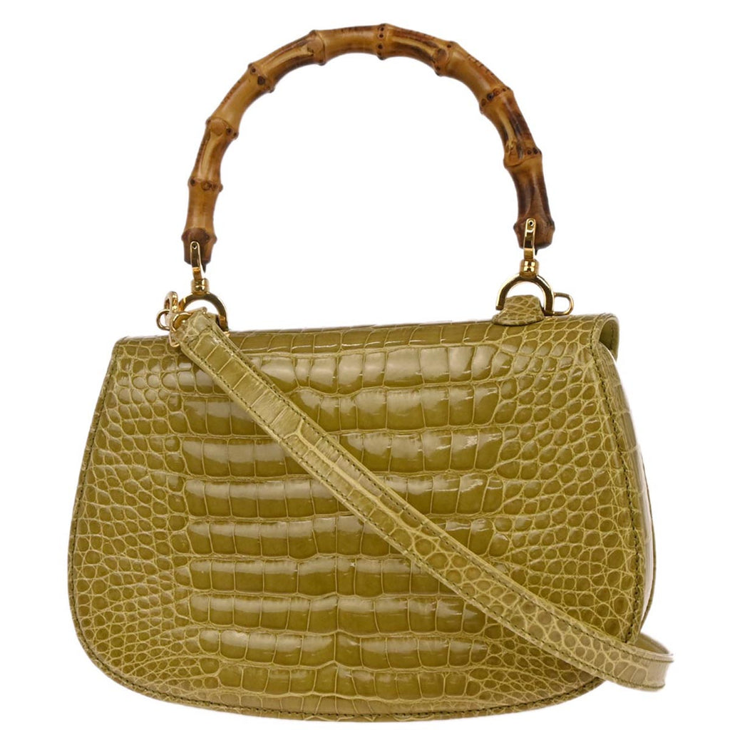 Gucci * Green Crocodile Bamboo 2way Shoulder Handbag