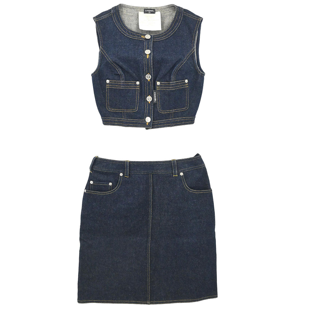 Chanel Setup Suit Jacket Skirt Denim Navy #36 #38
