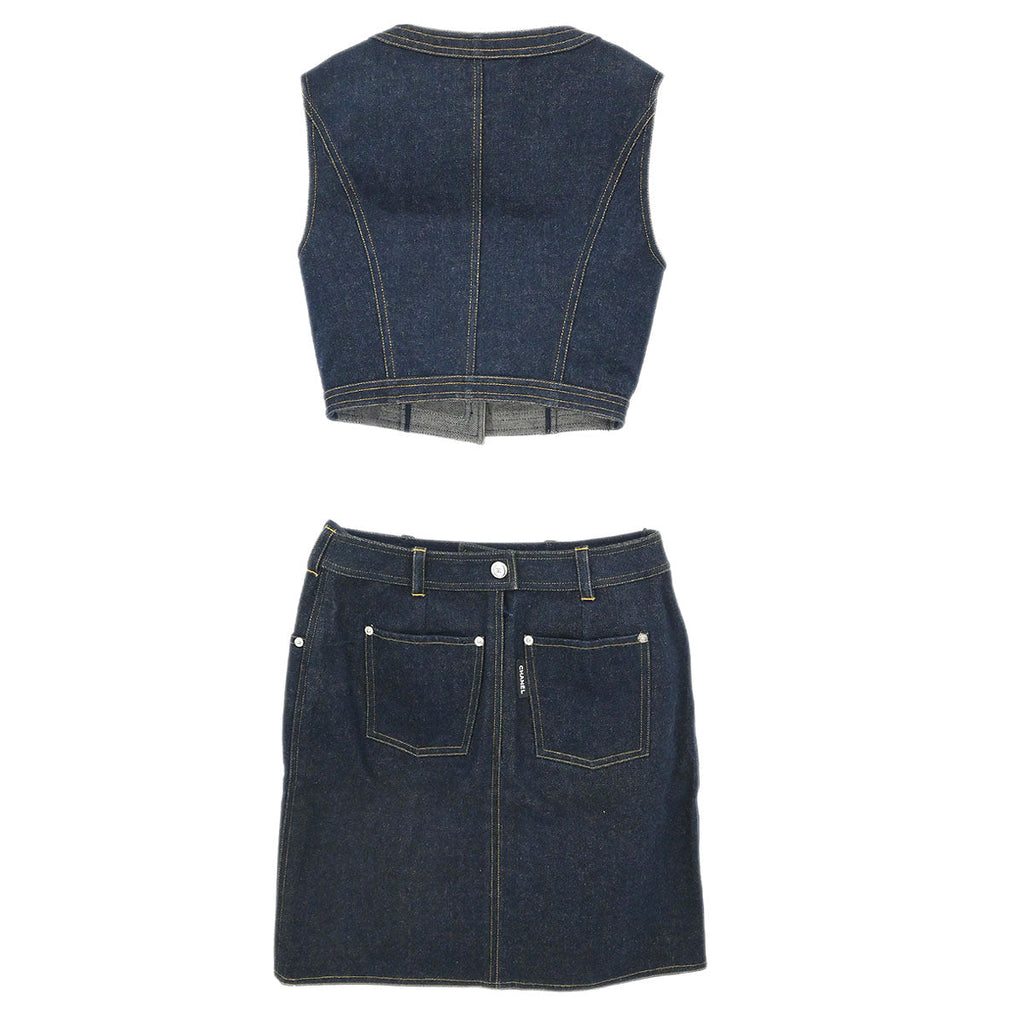 Chanel Setup Suit Jacket Skirt Denim Navy #36 #38