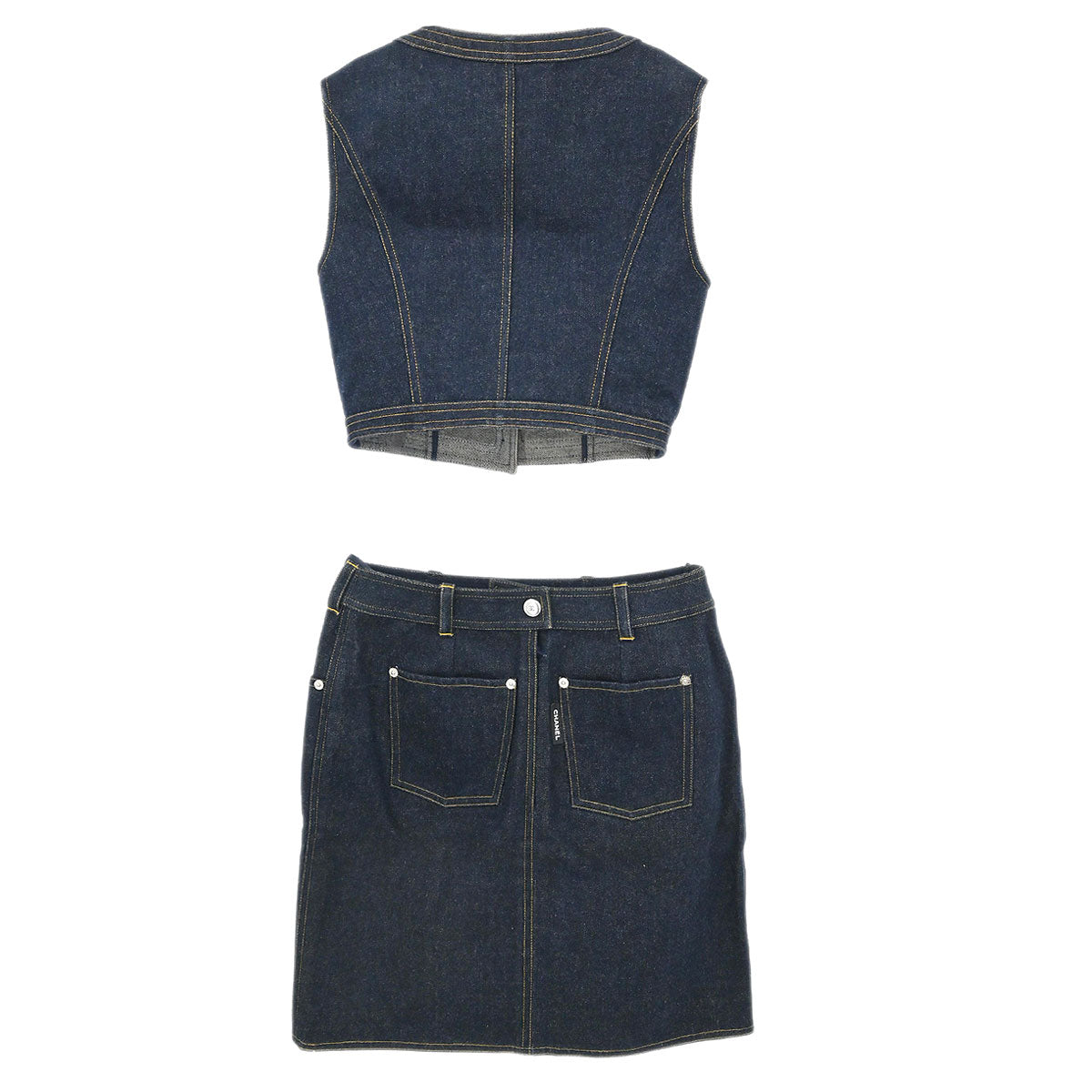 Chanel Setup Suit Jacket Skirt Denim Navy #36 #38
