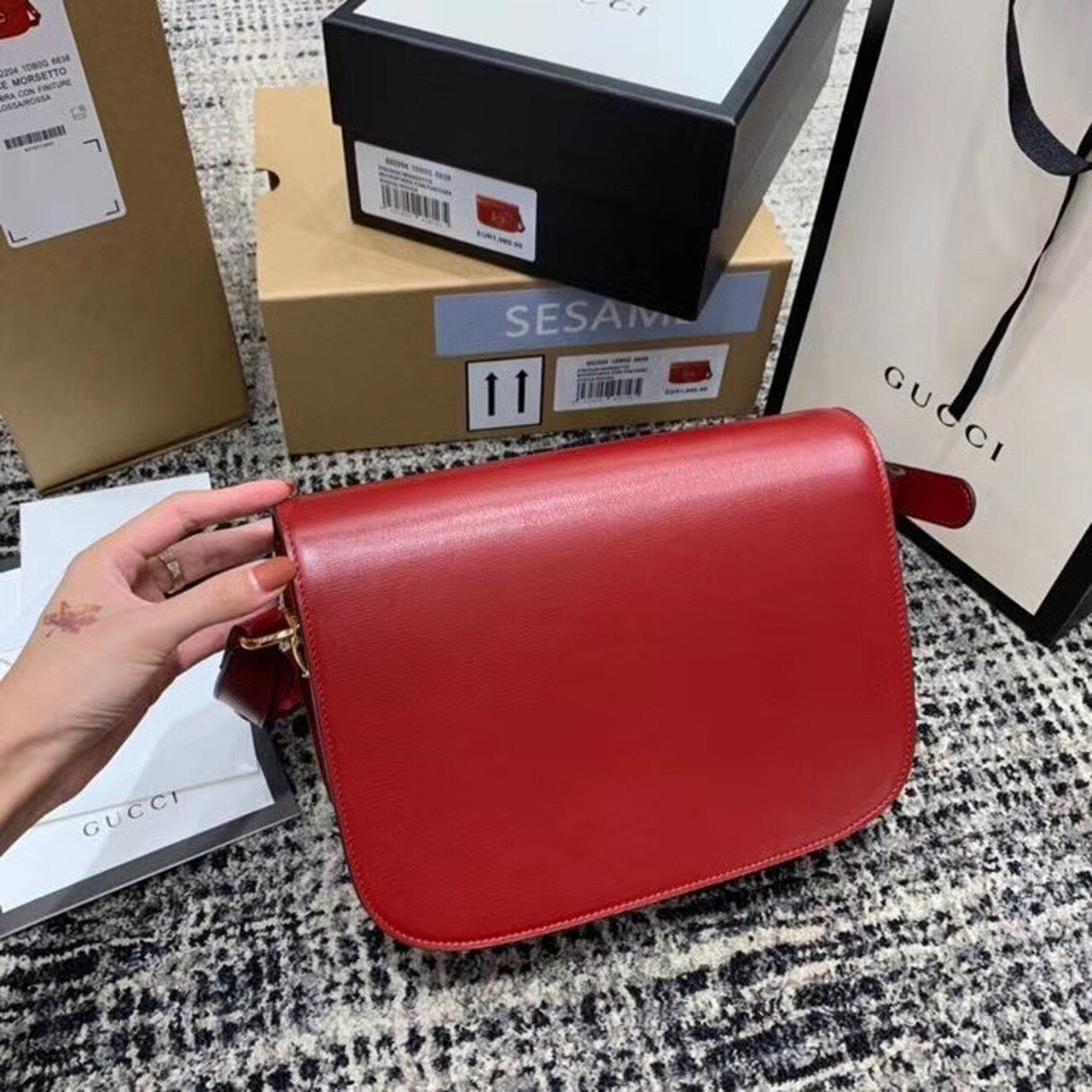 Horsebit 1955 Shoulder Bag Red Textured With A Vintage Effect For Women 9.8in/25cm Ã¢â‚¬Å½602204 1DB0G 6638