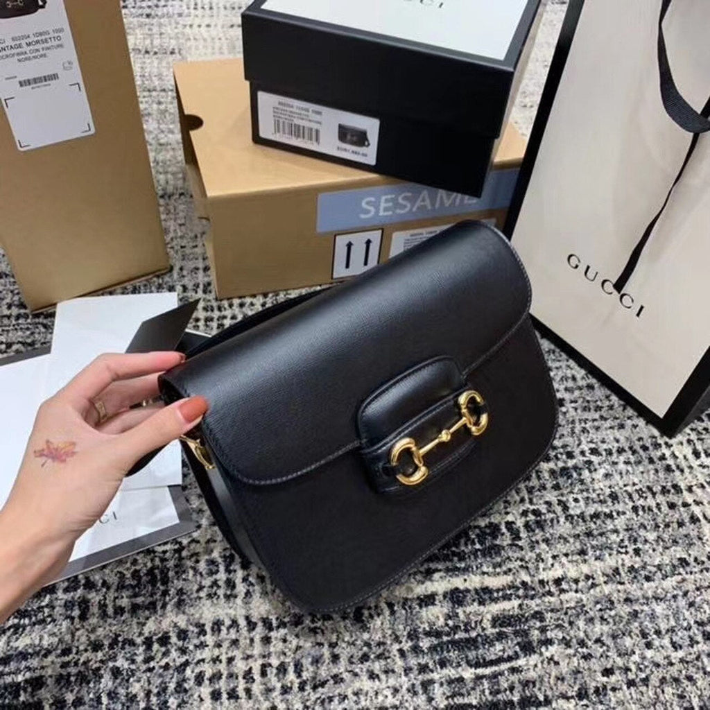 Gucci Horsebit 1955 Shoulder Bag Black Textured With A Vintage Effect For Women 9.8in/25cm Gucci ‎602204 1DB0G 1000