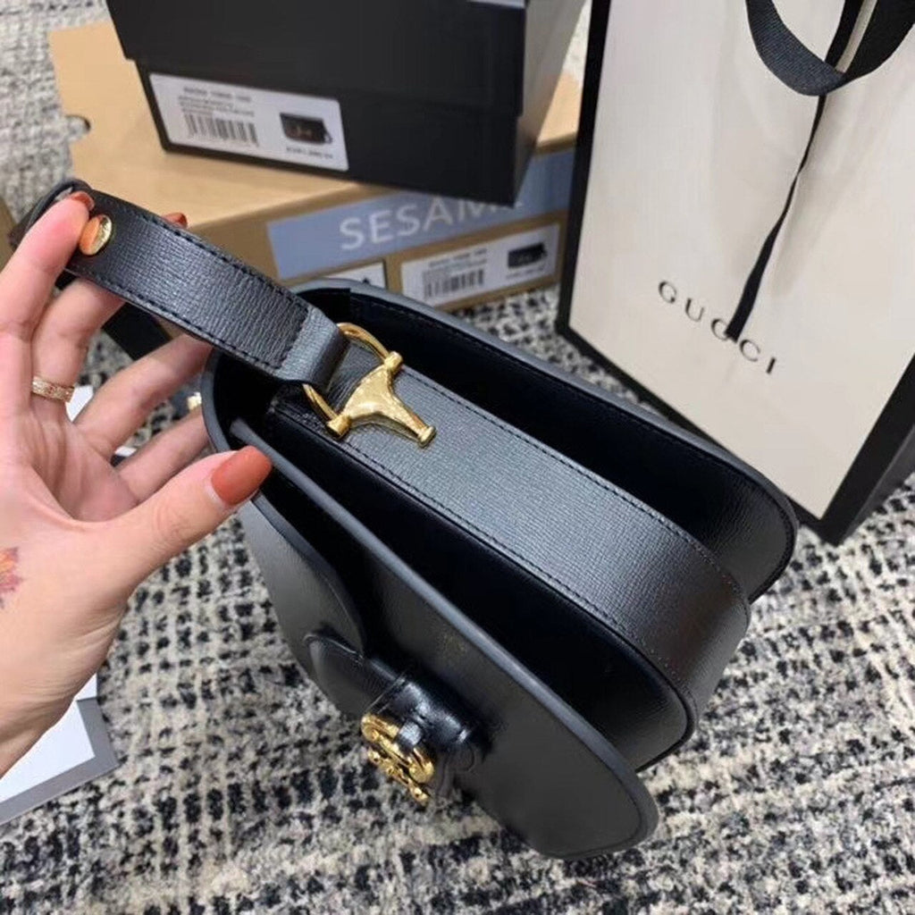 Gucci Horsebit 1955 Shoulder Bag Black Textured With A Vintage Effect For Women 9.8in/25cm Gucci ‎602204 1DB0G 1000