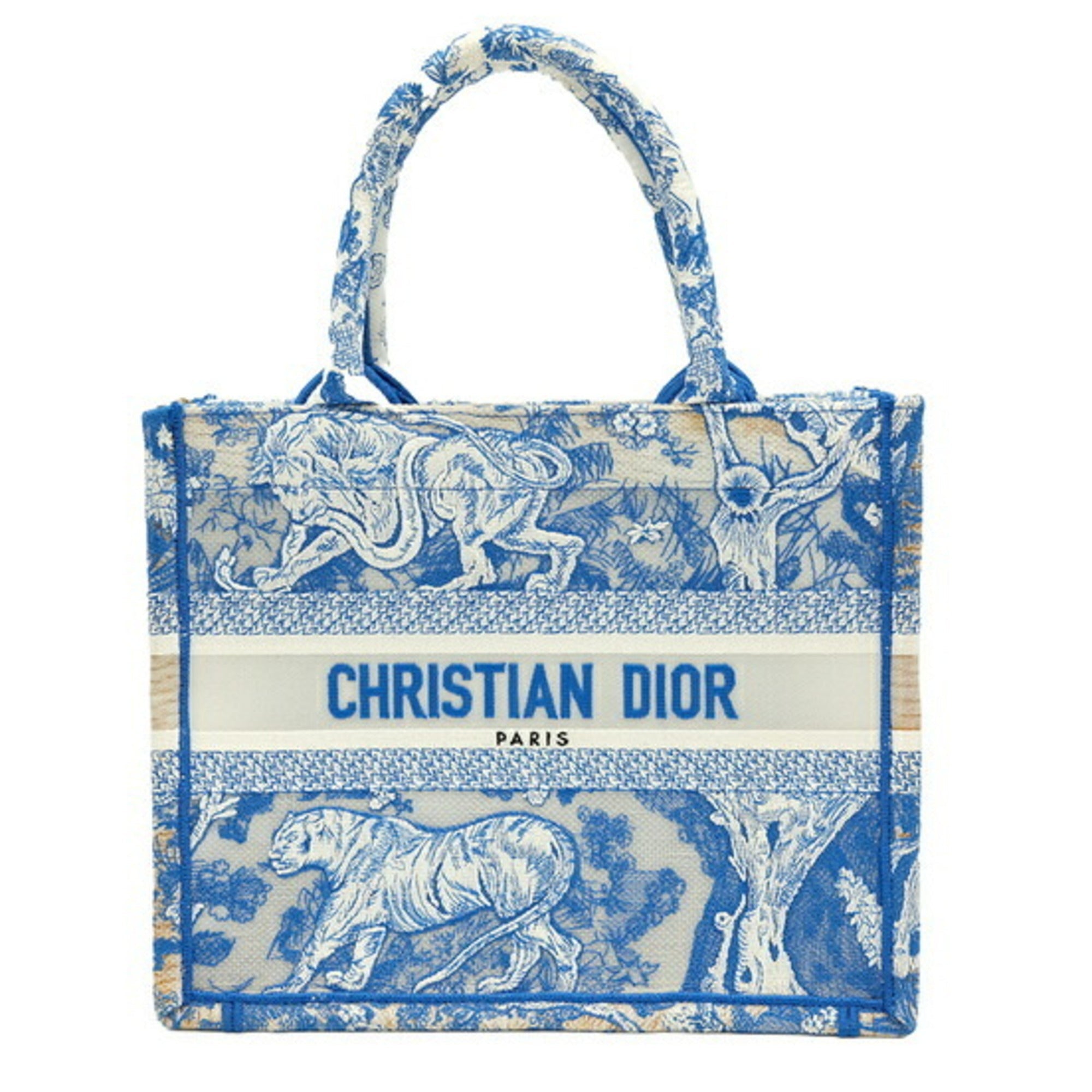 Christian Dior Book Tote Embroidered Leather Blue Canvas Handbag (Pre-Owned)