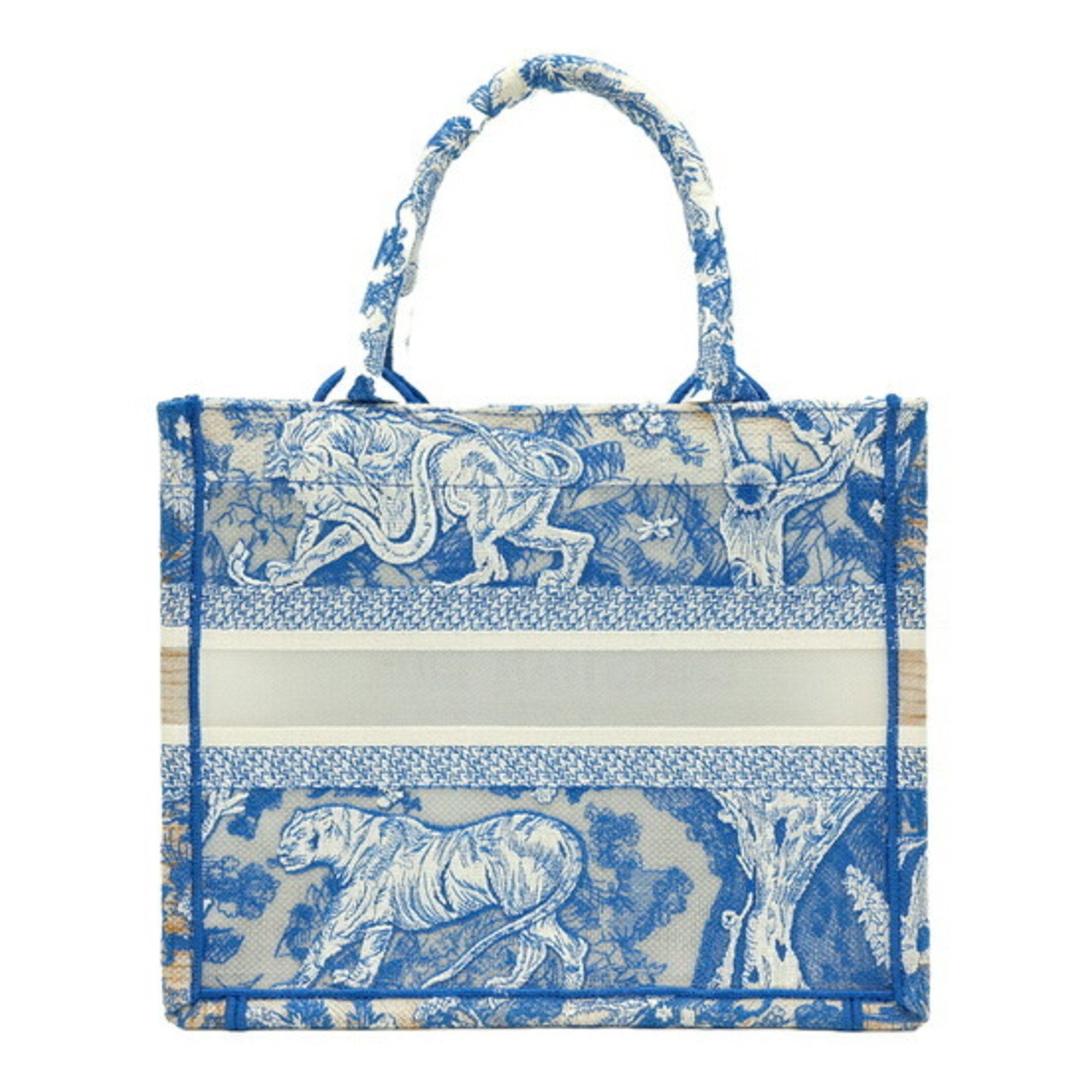 Christian Dior Book Tote Embroidered Leather Blue Canvas Handbag (Pre-Owned)