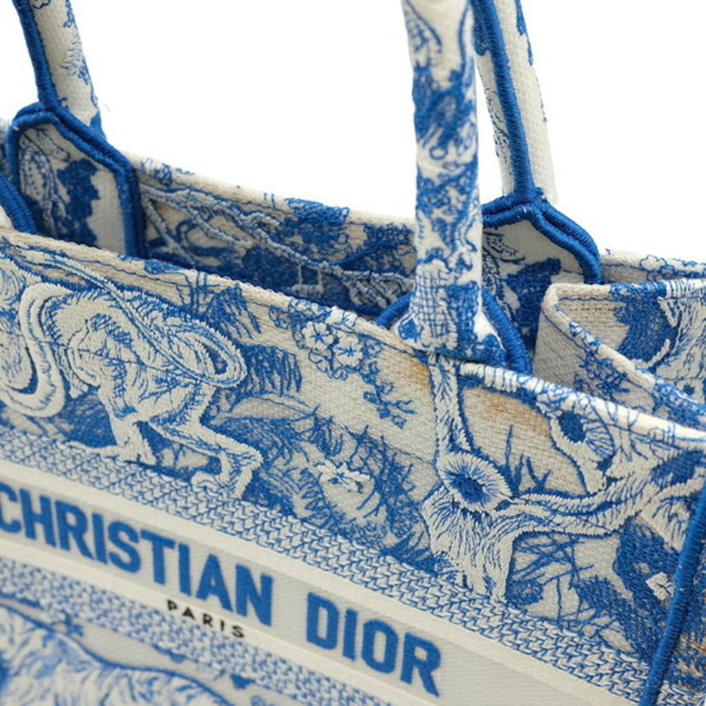 Christian Dior Book Tote Embroidered Leather Blue Canvas Handbag (Pre-Owned)
