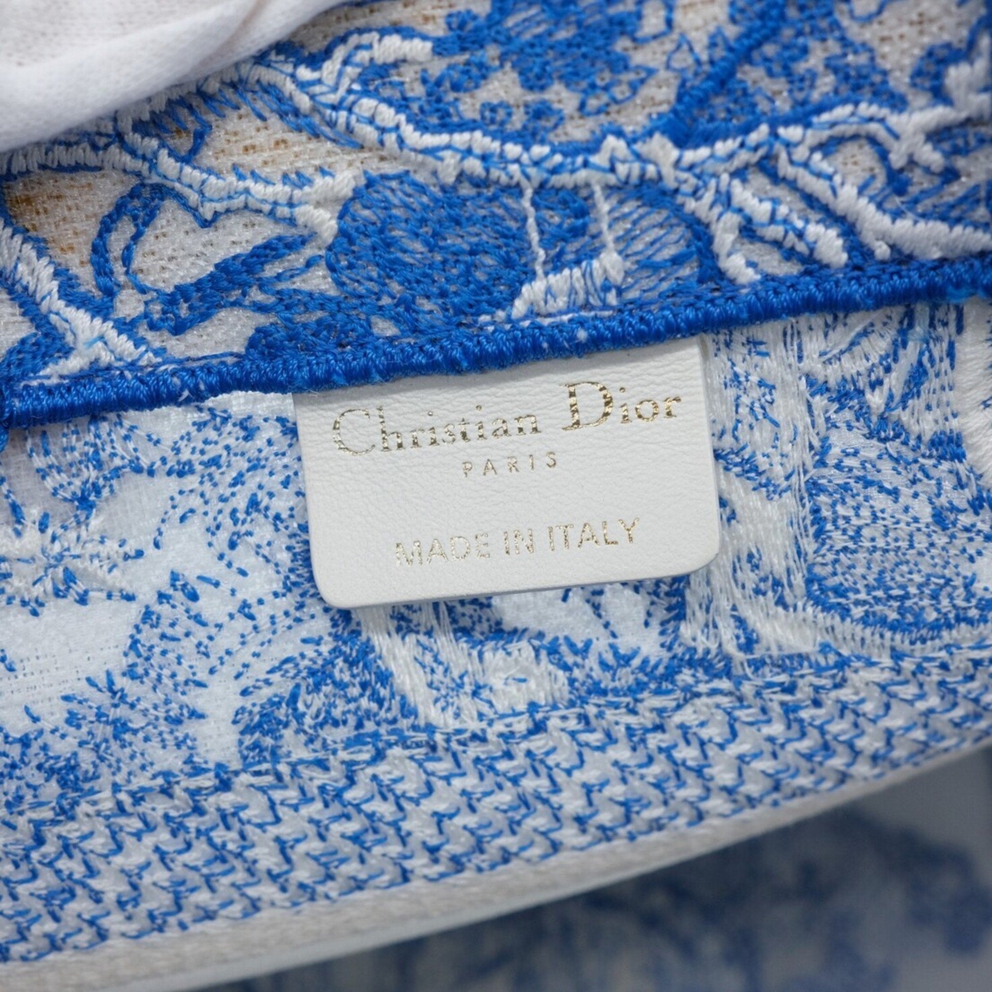 Christian Dior Book Tote Embroidered Leather Blue Canvas Handbag (Pre-Owned)
