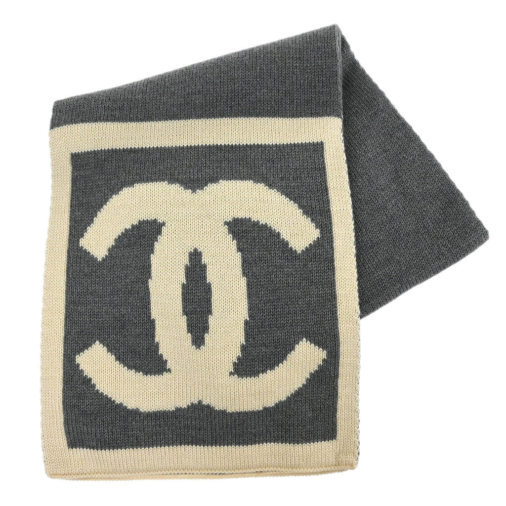 Chanel Sport Line Scarf Shawl Muffler White Gray Small Good