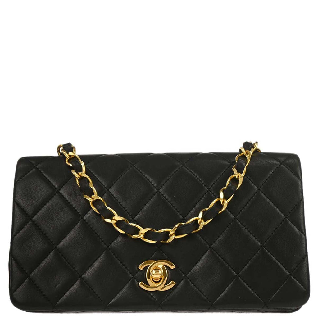 Chanel 1989-1991 Black Lambskin Turnlock Mini Full Flap Shoulder Bag