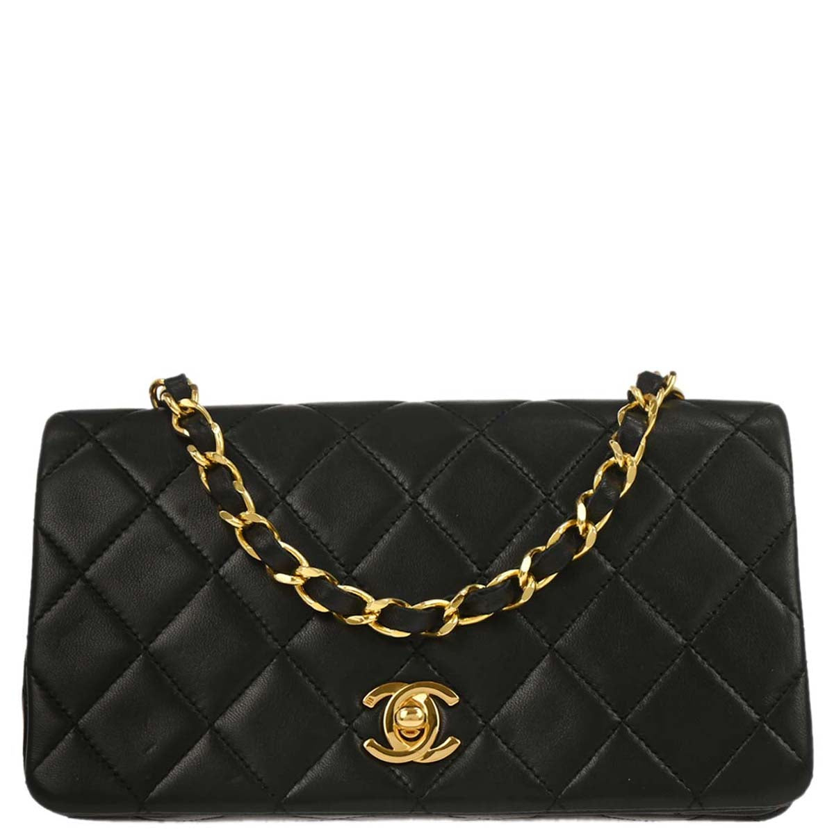 Chanel 1989-1991 Black Lambskin Turnlock Mini Full Flap Shoulder Bag