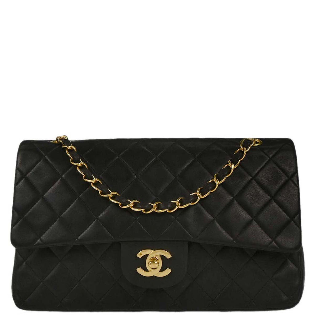 Chanel 1991-1994 Black Lambskin Medium Classic Double Flap Shoulder Bag
