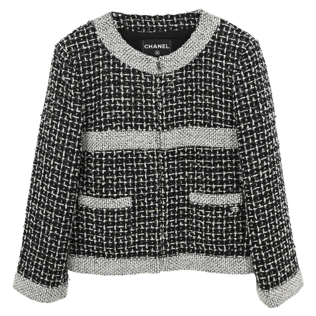Chanel 2017-2018 Collarless Zip Up Tweed Jacket Black #44