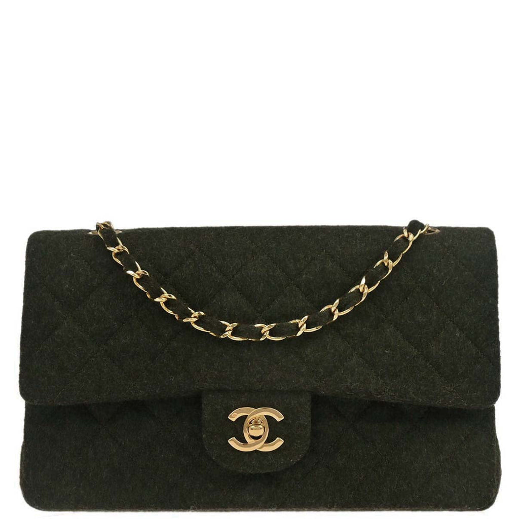 Chanel 1989-1991 Moss Green Wool Medium Classic Double Flap Shoulder Bag
