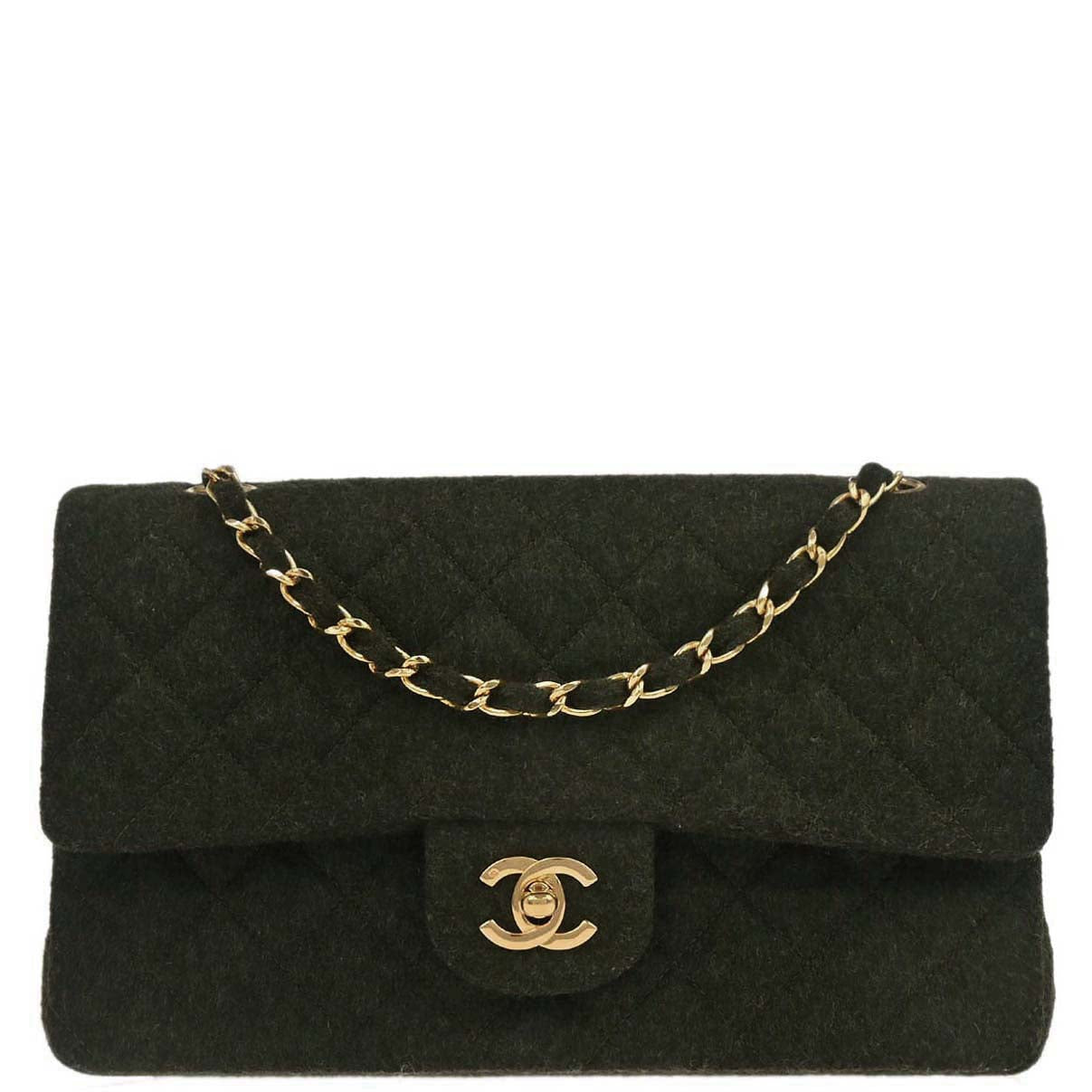 Chanel 1989-1991 Moss Green Wool Medium Classic Double Flap Shoulder Bag