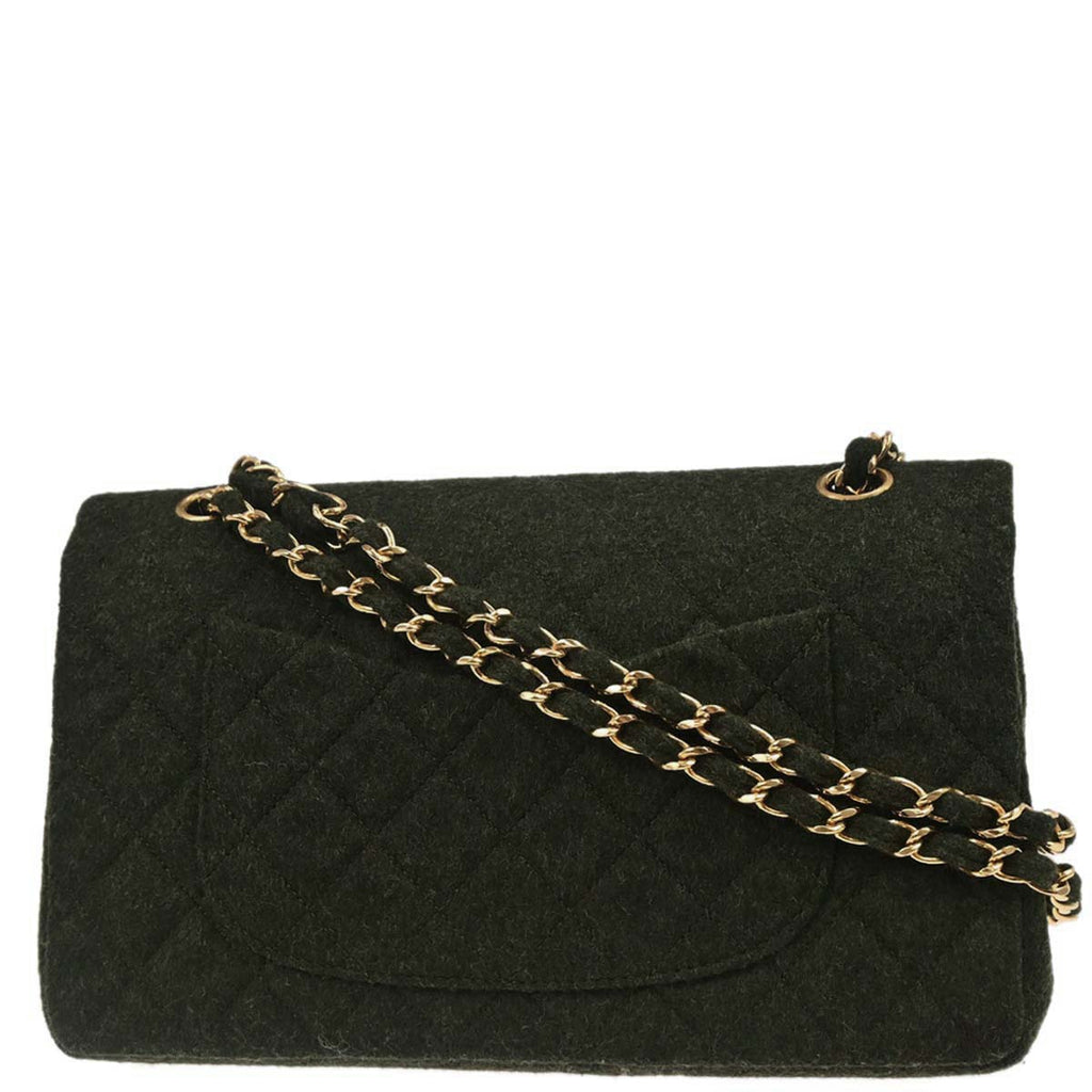 Chanel 1989-1991 Moss Green Wool Medium Classic Double Flap Shoulder Bag