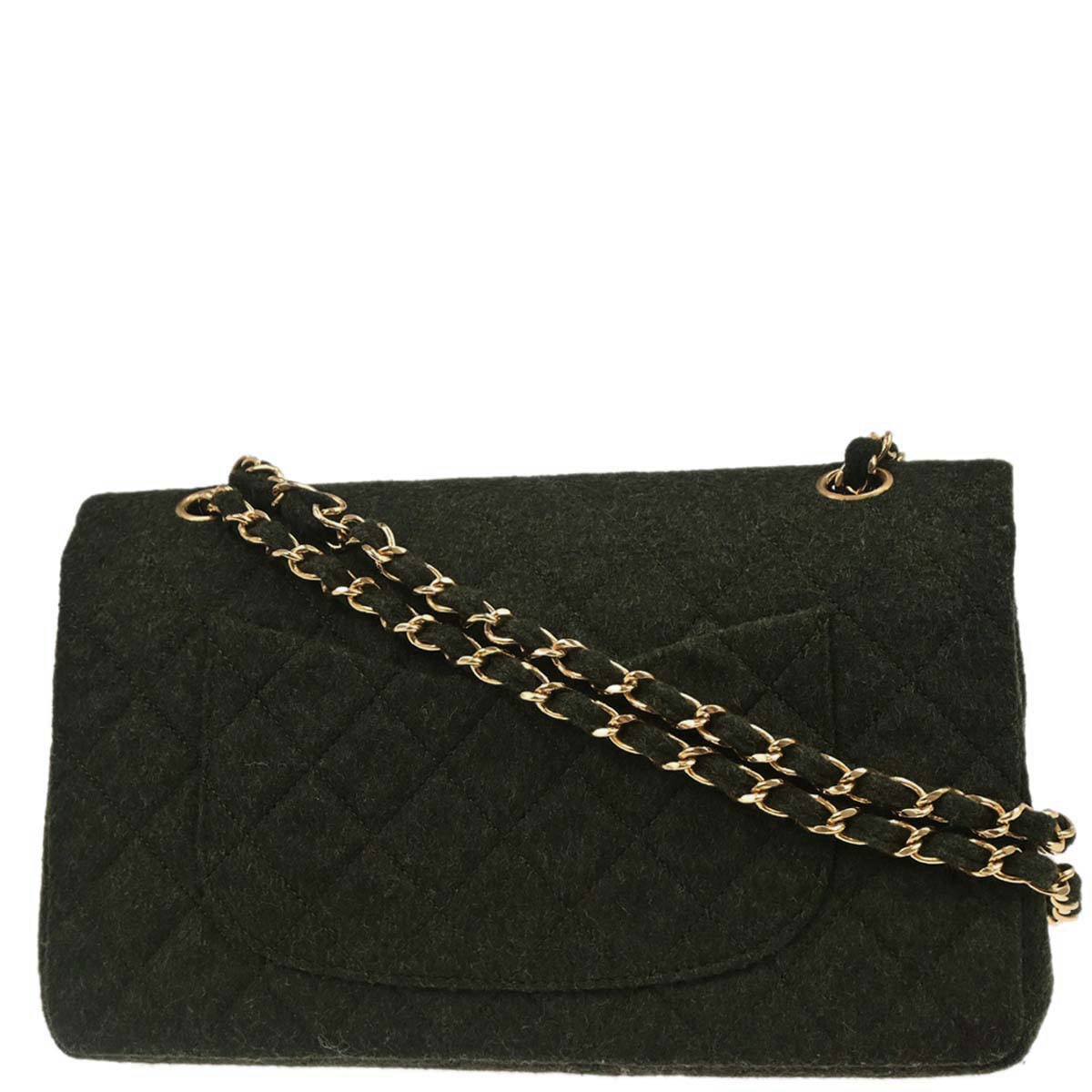Chanel 1989-1991 Moss Green Wool Medium Classic Double Flap Shoulder Bag