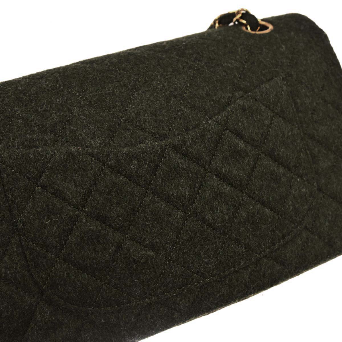 Chanel 1989-1991 Moss Green Wool Medium Classic Double Flap Shoulder Bag