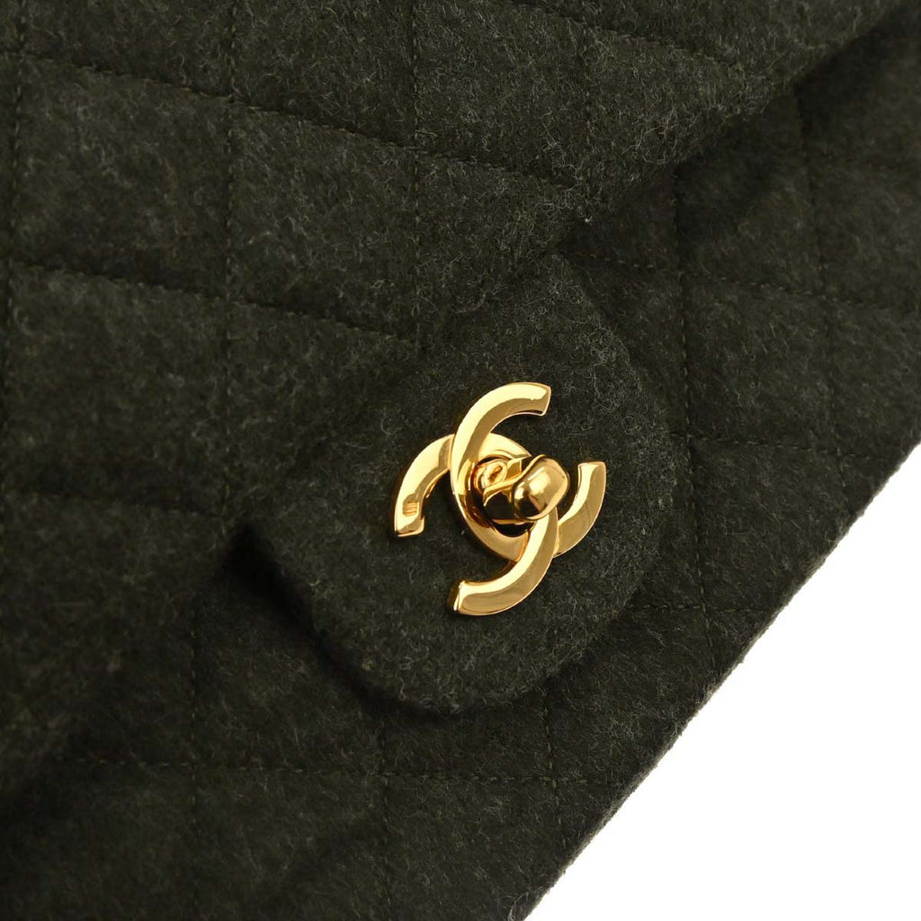 Chanel 1989-1991 Moss Green Wool Medium Classic Double Flap Shoulder Bag