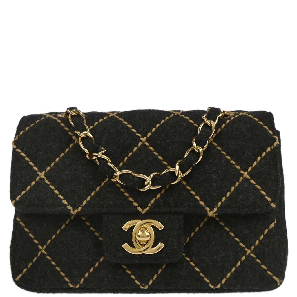 Chanel Gray Wool Wild Stitch Mini Classic Square Flap Shoulder Bag 17
