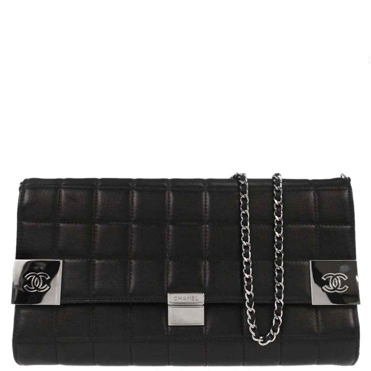 Chanel 2000-2002 Black Lambskin Choco Bar Straight Flap Shoulder Bag