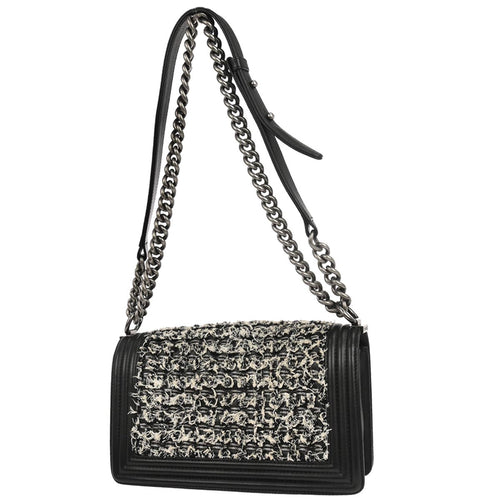 Boy Chanel 2017 Black Tweed Lambskin Medium Double Chain Shoulder Bag